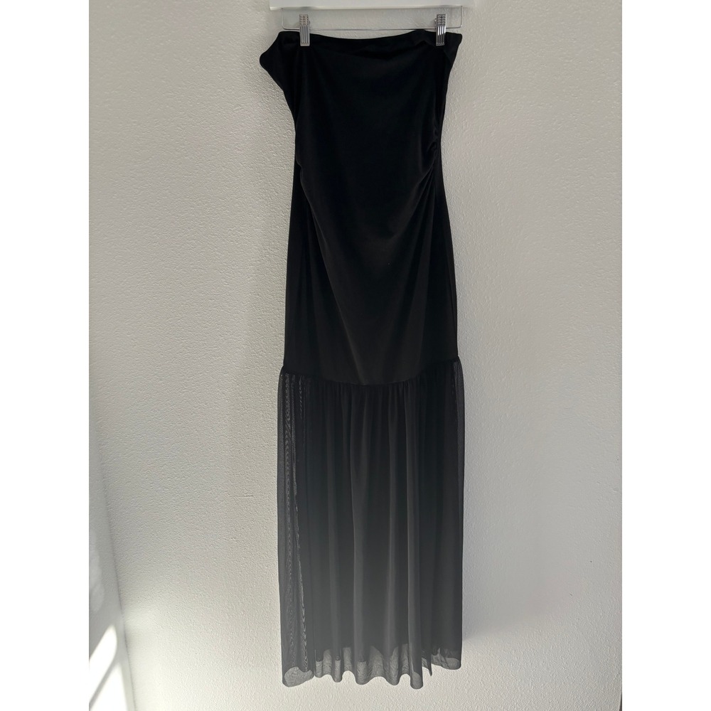 Black Strapless Gathered Maxi Dress Sheer‎ Mesh Skirt Evening Formal Party Large